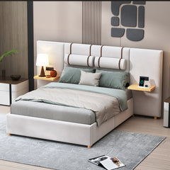 Bellemave® Upholstered Platform Bed with Two Outlets and USB Charging Ports on Both Sides, Two Bedside Pillows