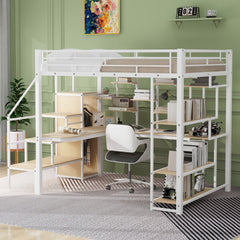 Bellemave® Full Size Metal Loft Bed with Storage Staircase and Small Wardrobe, Built-in Desk and Storage Shelves