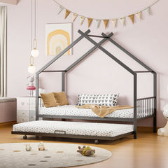 Bellemave® Metal House Bed with Twin Size Trundle Bed