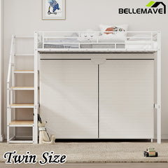 Bellemave® Metal Loft Bed with Wardrobe and Storage Shelves