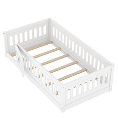 Bellemave® Solid Wood Floor Bed with Slats, Heightened Safety Guardrails and Door