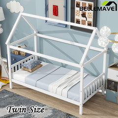 Bellemave® Twin Size Rubber Wood House Bed with Headboard and Footboard