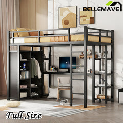 Bellemave® Full Size Metal Loft Bed with Desk,Shelves and Wardrobe