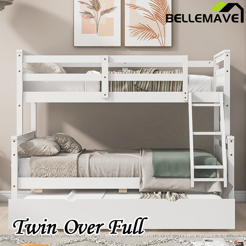 Bellemave® Twin over Full Bunk Bed with Ladder, Safety Guardrail and Twin Size Trundle