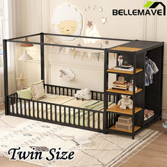 Bellemave® Metal Floor Bed with Storage Shelves and Wardrobe