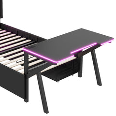 Bellemave® Metal Gaming Platform Bed with LED Headboard, LED Desk, USB and Two Storage Drawers