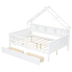 Bellemave® Full Size House Bed with LED Light and Storage Shelves, Drawers and Guardrail