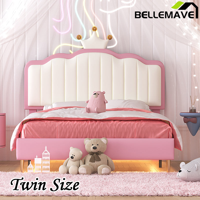 Bellemave® Upholstered Princess Bed with Crown Headboard, Light Strips and Golden Metal Legs