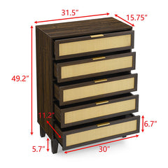 Bellemave® Modern Rattan Dresser with 5 Drawers and Metal Handles