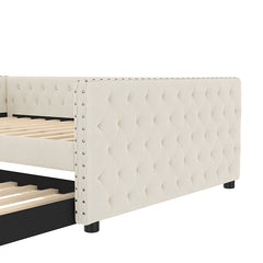 Bellemave® Full Size Upholstered Tufted Daybed with Twin Trundle, Button & Copper Nail on Square Arms