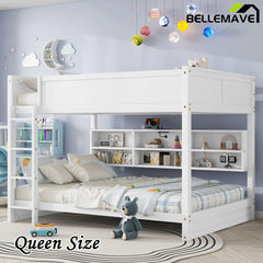 Bellemave® Queen Size Solid Pine Wood Bunk Bed with Built-in Storage Cabinets, Charging Station, Ladder, Safety Guardrails