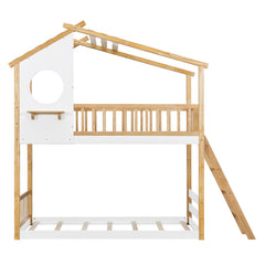Bellemave® Twin Size House Bunk Bed Wood Bed with Roof, Window, Ladder