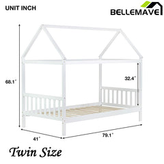 Bellemave® Twin Size Rubber Wood House Bed with Headboard and Footboard