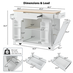 Bellemave® Fluted Kitchen Island on 5 Wheels with Trash Can Storage Cabinet, Power Outlet, Internal Storage Rack, 3 Drawer and 3 Open Side Racks