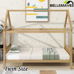 Bellemave® Twin Size Rubber Wood House Bed with Headboard and Footboard