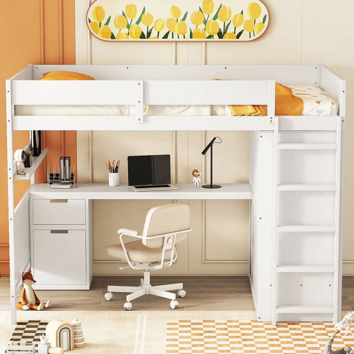 Bellemave® Full Size Wooden Loft Bed with Wardrobe, Desk, Drawers, Shelves Bellemave®