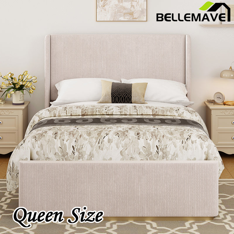 Bellemave® Corduroy Upholstered Bed with Vertical Stripe Wingback Headboard and High Footboard