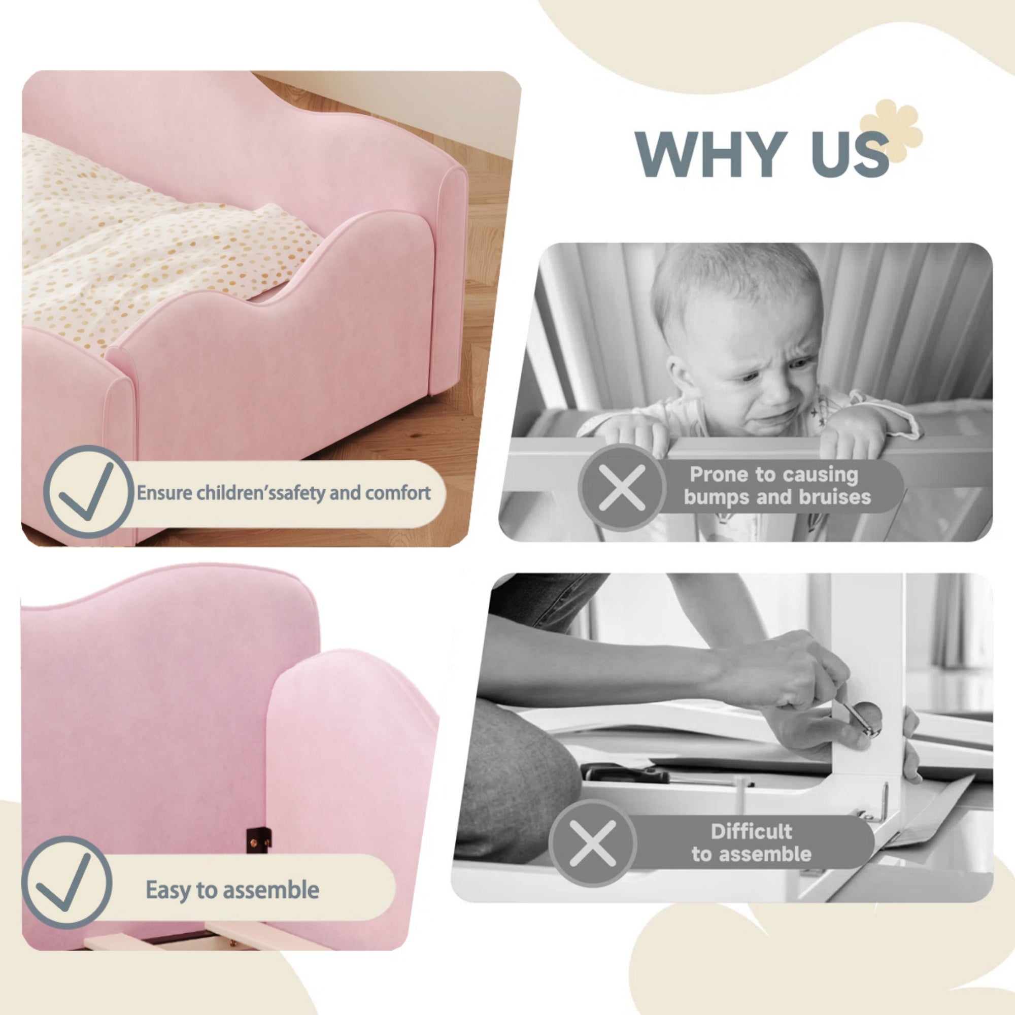 Bellemave® Upholstered Toddler Bed with Safety Guardrails, Montessori Floor Bed Up to 1-6 Years Girls and Boys, Pink Bellemave®