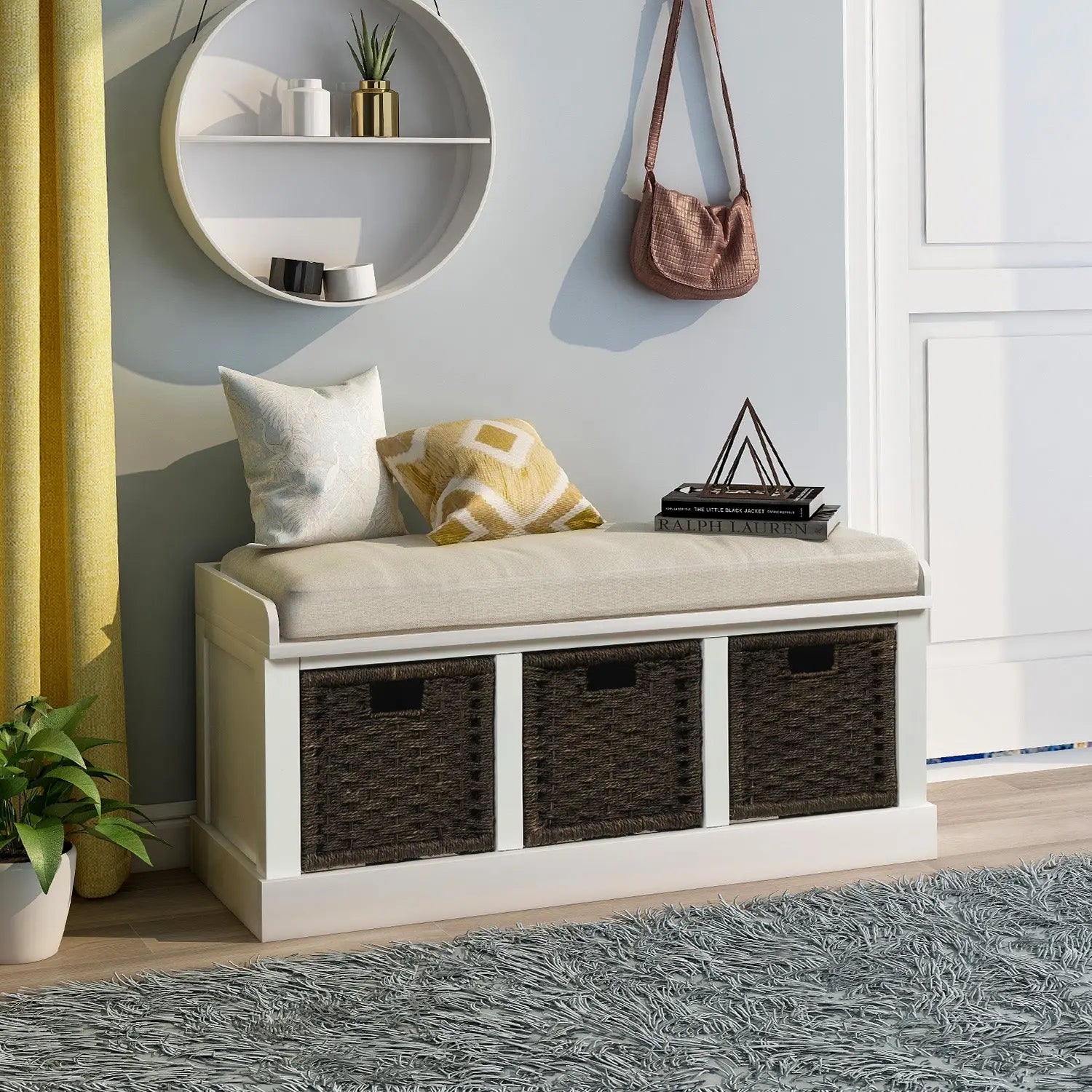 Bellemave® Rustic Storage Bench with 3 Removable Classic Rattan Basket Bellemave®