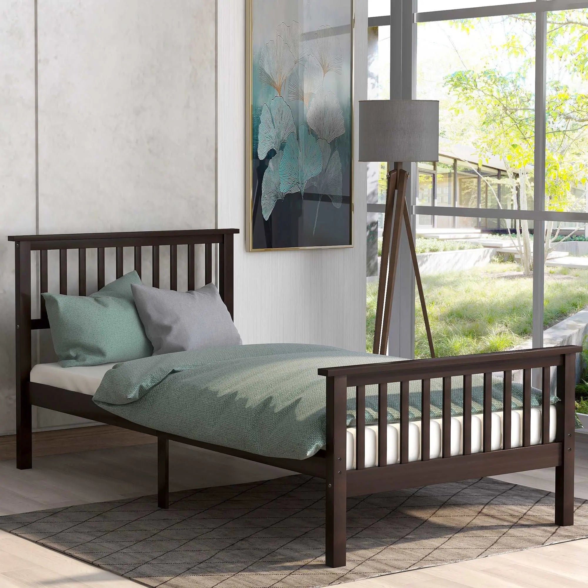 Bellemave Twin Size Wood Platform Bed with Headboard and Footboard