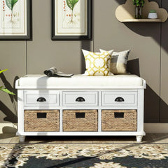 Bellemave® Rustic Storage Bench with 3 Drawers and 3 Rattan Baskets Bellemave®