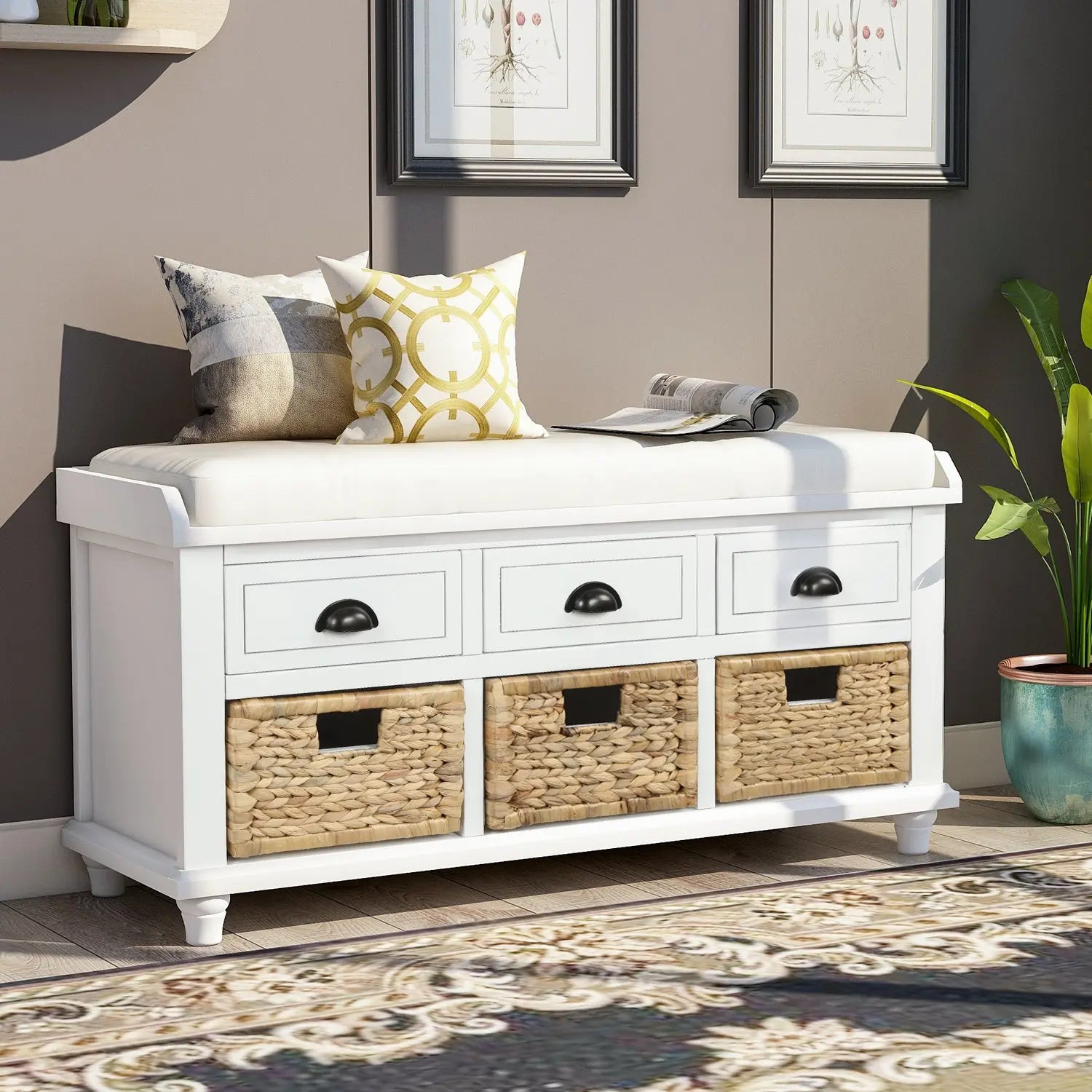 Bellemave® Rustic Storage Bench with 3 Drawers and 3 Rattan Baskets Bellemave®