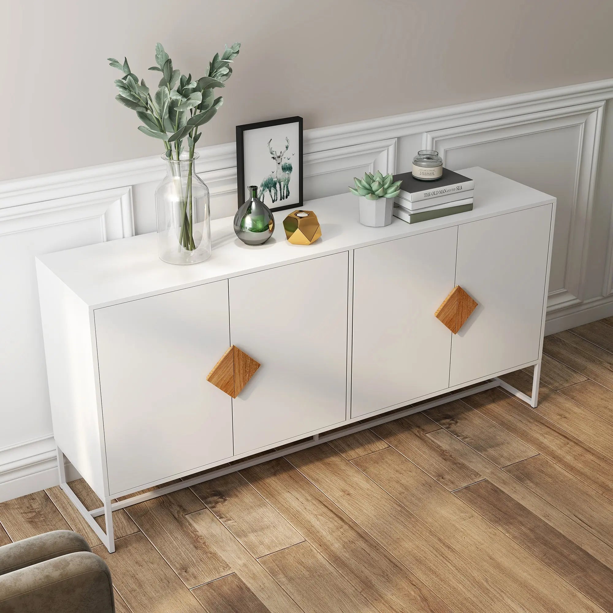 Bellemave® Solid Wood Special Shape Square Handle Design with 4 Doors and Double Storage Sideboard Bellemave®