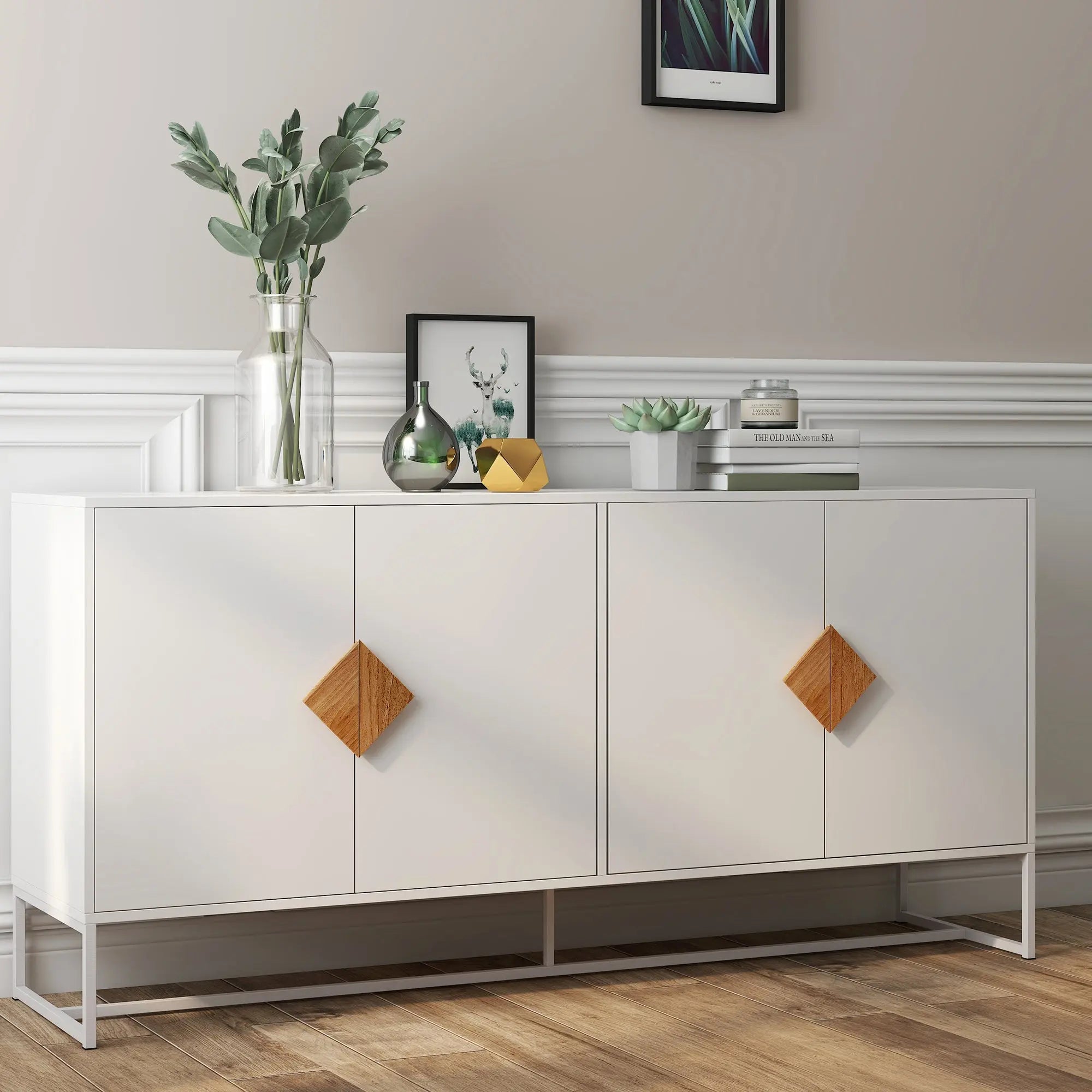 Bellemave® Solid Wood Special Shape Square Handle Design with 4 Doors and Double Storage Sideboard Bellemave®