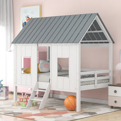 Bellemave® Twin Size Low House Loft Bed with Roof and Two Front Windows Bellemave®