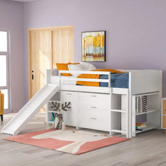 Bellemave® Twin Size Low Loft Bed with Cabinets, Shelves and Slide Bellemave®