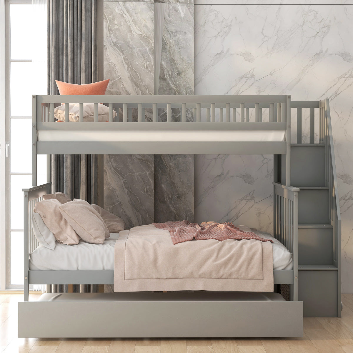 Bellemave® Bunk Bed Twin over Full with Trundle and Staircase,Gray