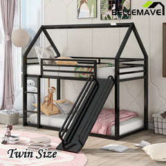 Bellemave® Twin Size Metal House Bunk Bed with Built-in Ladder/with Slide