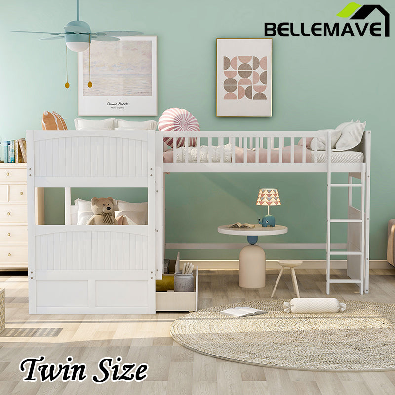 Bellemave® Twin Size Bunk Bed with a Loft Bed attached, with Two Drawers