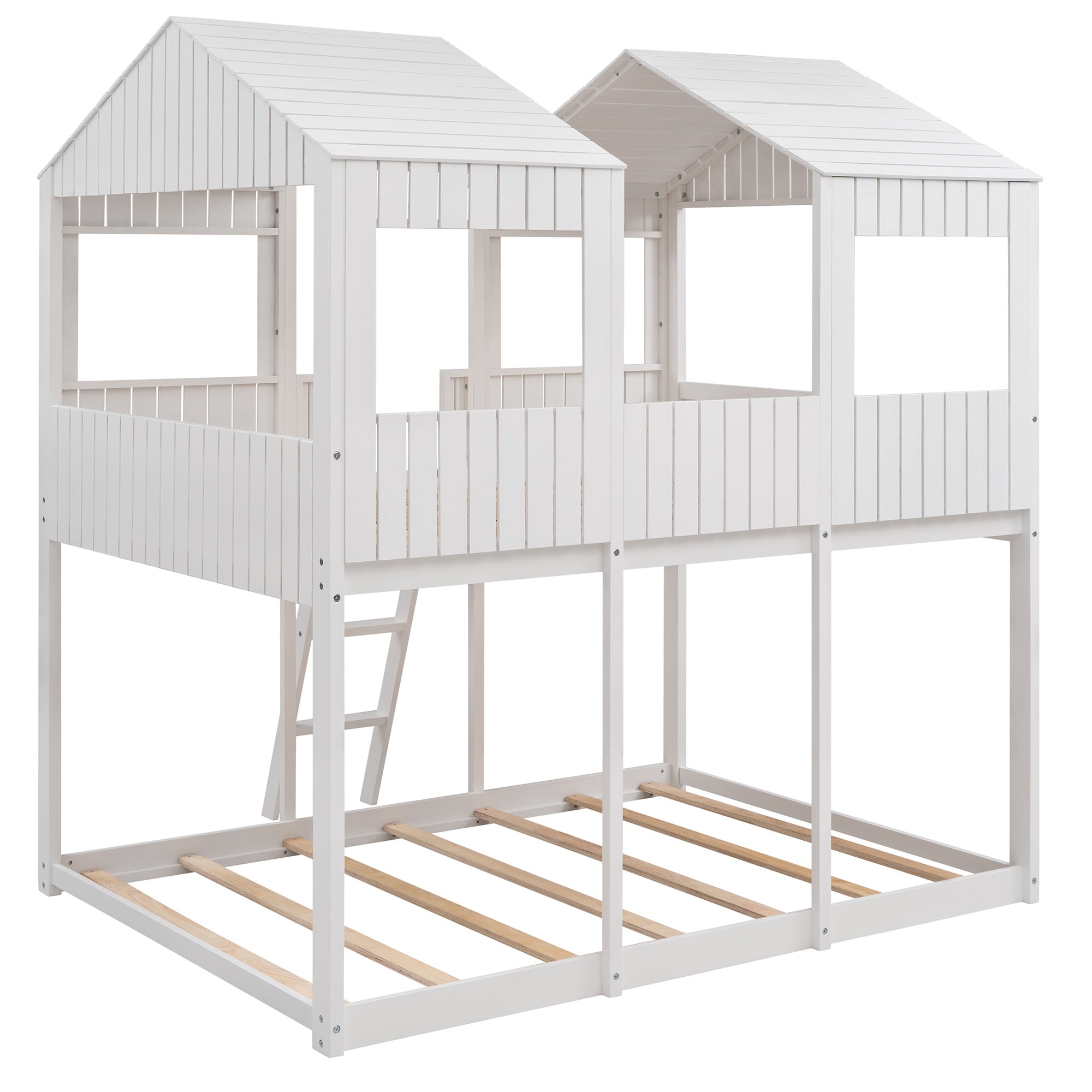 Bellemave® House Bunk Bed with Roof & Window, Full Over Full Floor Bunk Bed with Ladder & Guardrails for Kids, No Box Spring Needed Bellemave®