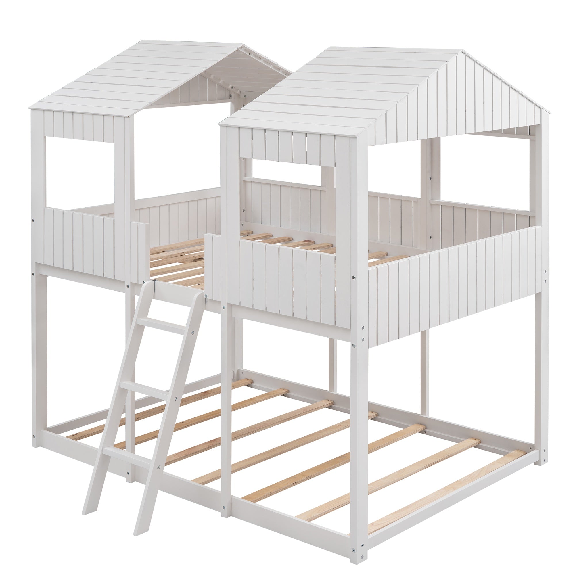 Bellemave® House Bunk Bed with Roof & Window, Full Over Full Floor Bunk Bed with Ladder & Guardrails for Kids, No Box Spring Needed Bellemave®