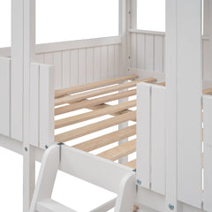 Bellemave® House Bunk Bed with Roof & Window, Full Over Full Floor Bunk Bed with Ladder & Guardrails for Kids, No Box Spring Needed Bellemave®