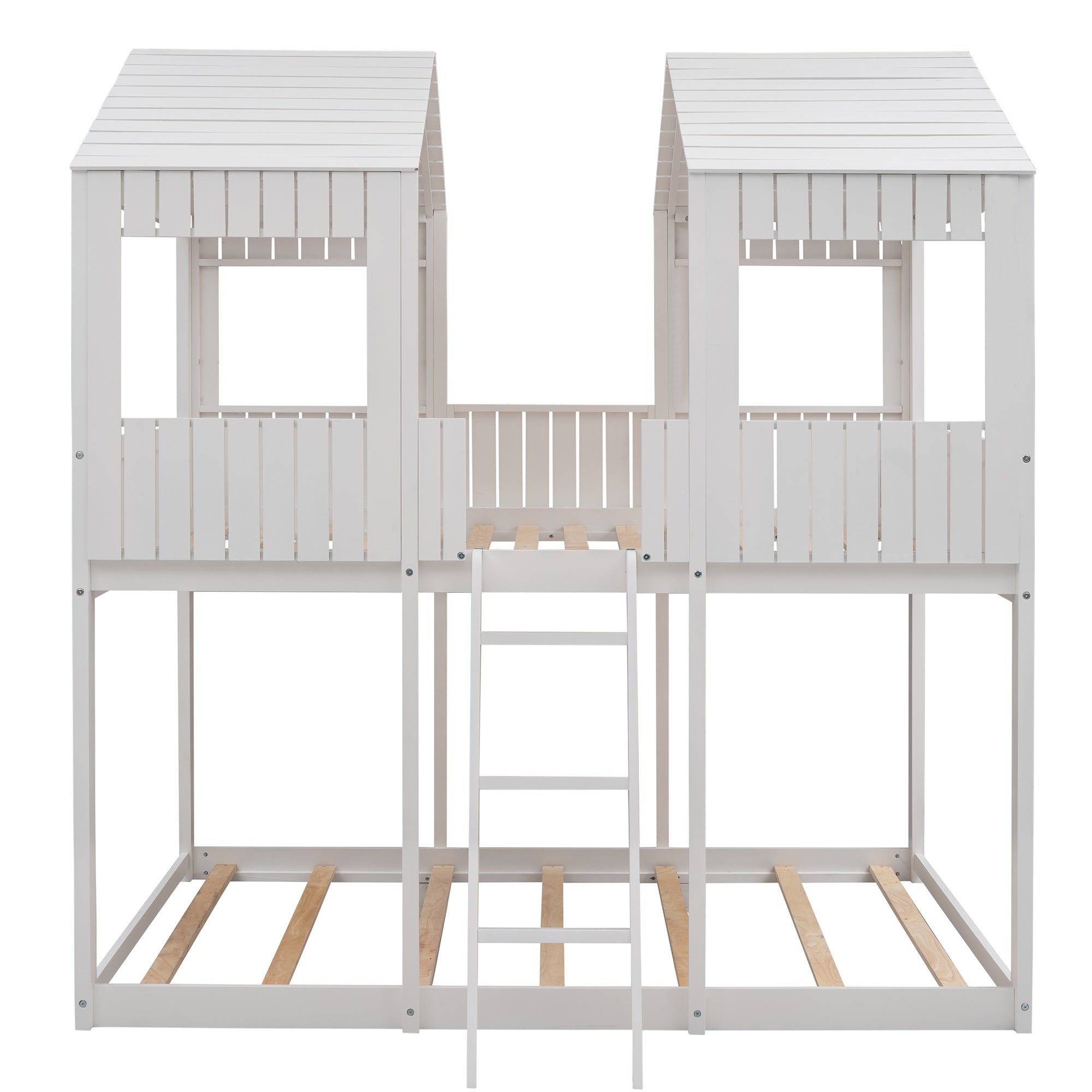 Bellemave® House Bunk Bed with Roof & Window, Full Over Full Floor Bunk Bed with Ladder & Guardrails for Kids, No Box Spring Needed Bellemave®