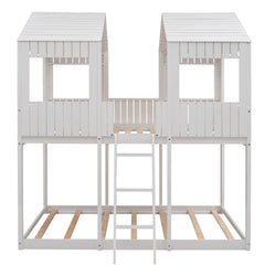 Bellemave® House Bunk Bed with Roof & Window, Full Over Full Floor Bunk Bed with Ladder & Guardrails for Kids, No Box Spring Needed Bellemave®