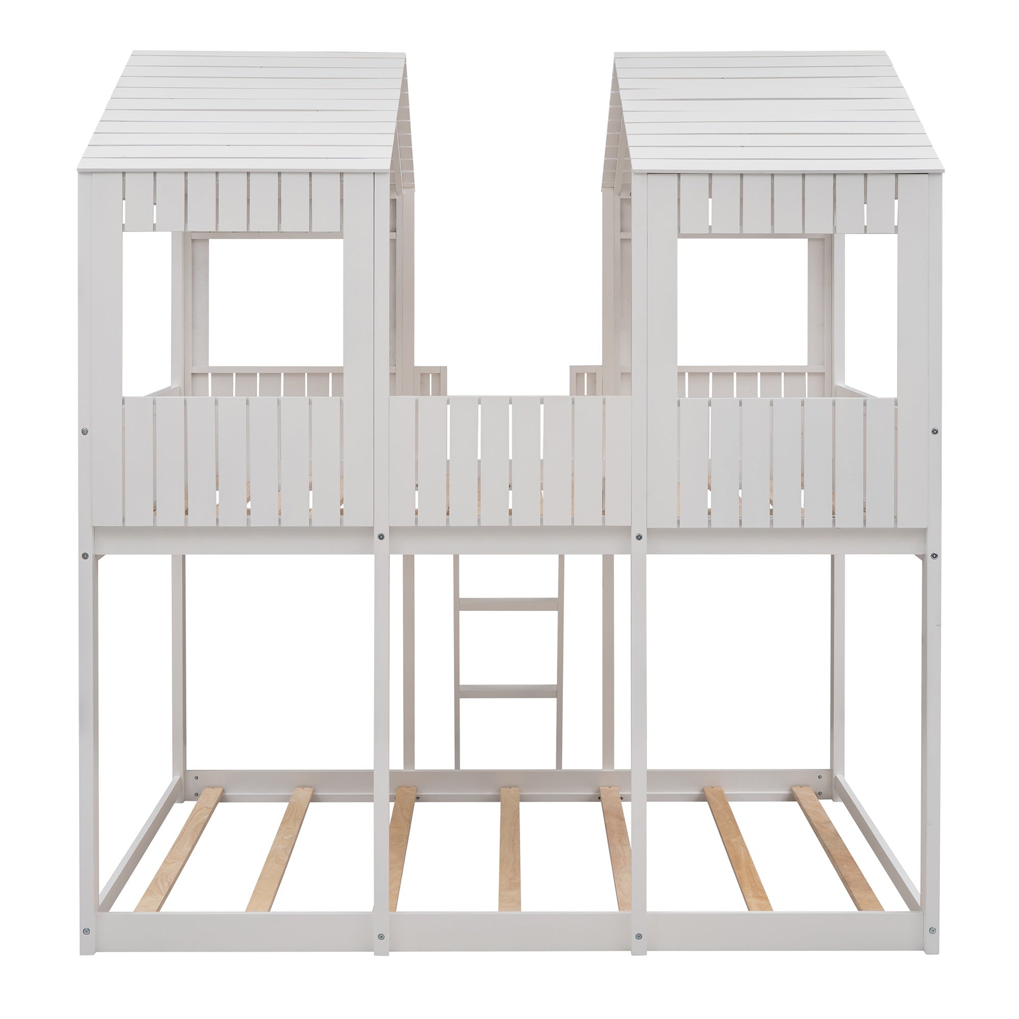 Bellemave® House Bunk Bed with Roof & Window, Full Over Full Floor Bunk Bed with Ladder & Guardrails for Kids, No Box Spring Needed Bellemave®