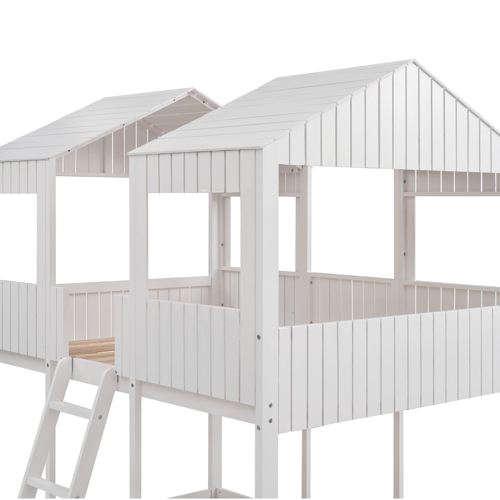 Bellemave® House Bunk Bed with Roof & Window, Full Over Full Floor Bunk Bed with Ladder & Guardrails for Kids, No Box Spring Needed Bellemave®