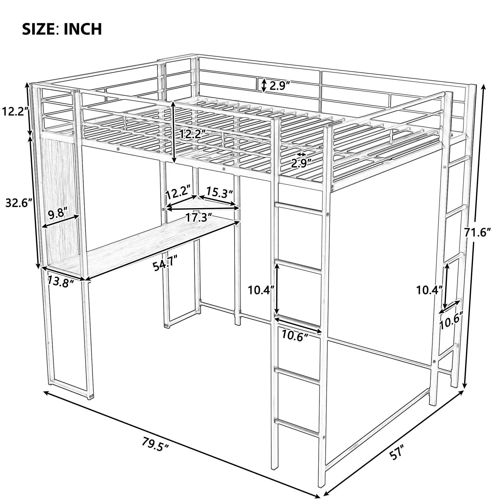 Bellemave® Full Size Metal Loft Bed with 2 Shelves and Desk