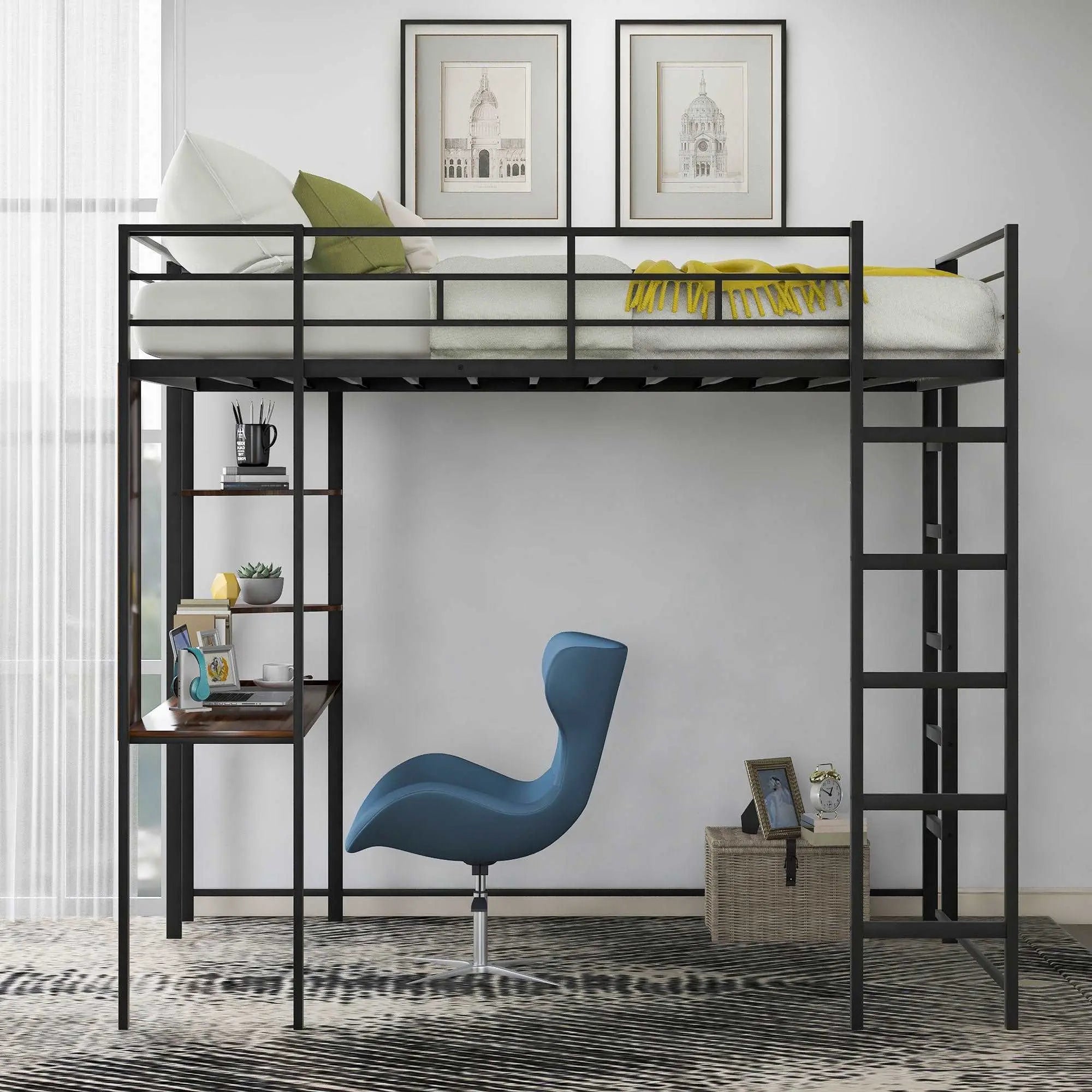 Bellemave® Full Size Metal Loft Bed with 2 Shelves and Desk