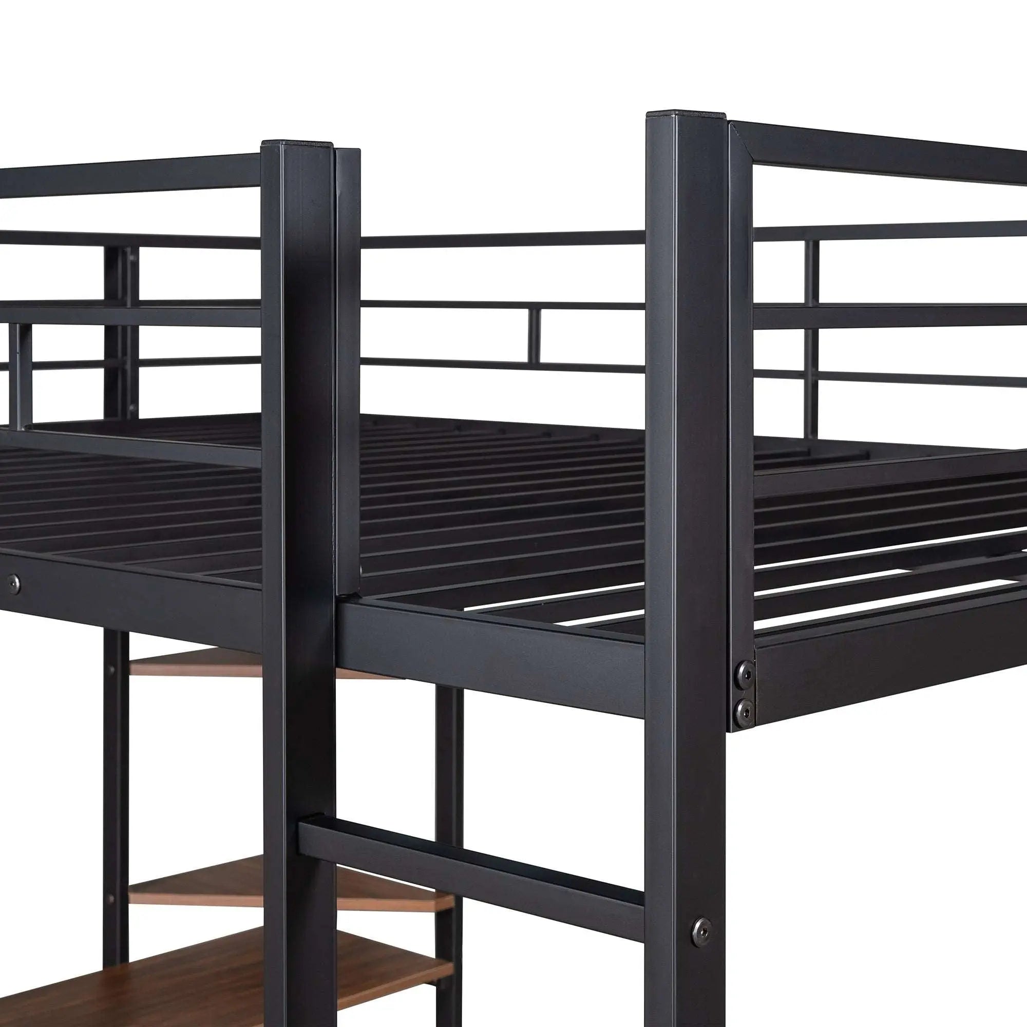 Bellemave® Full Size Metal Loft Bed with 2 Shelves and Desk