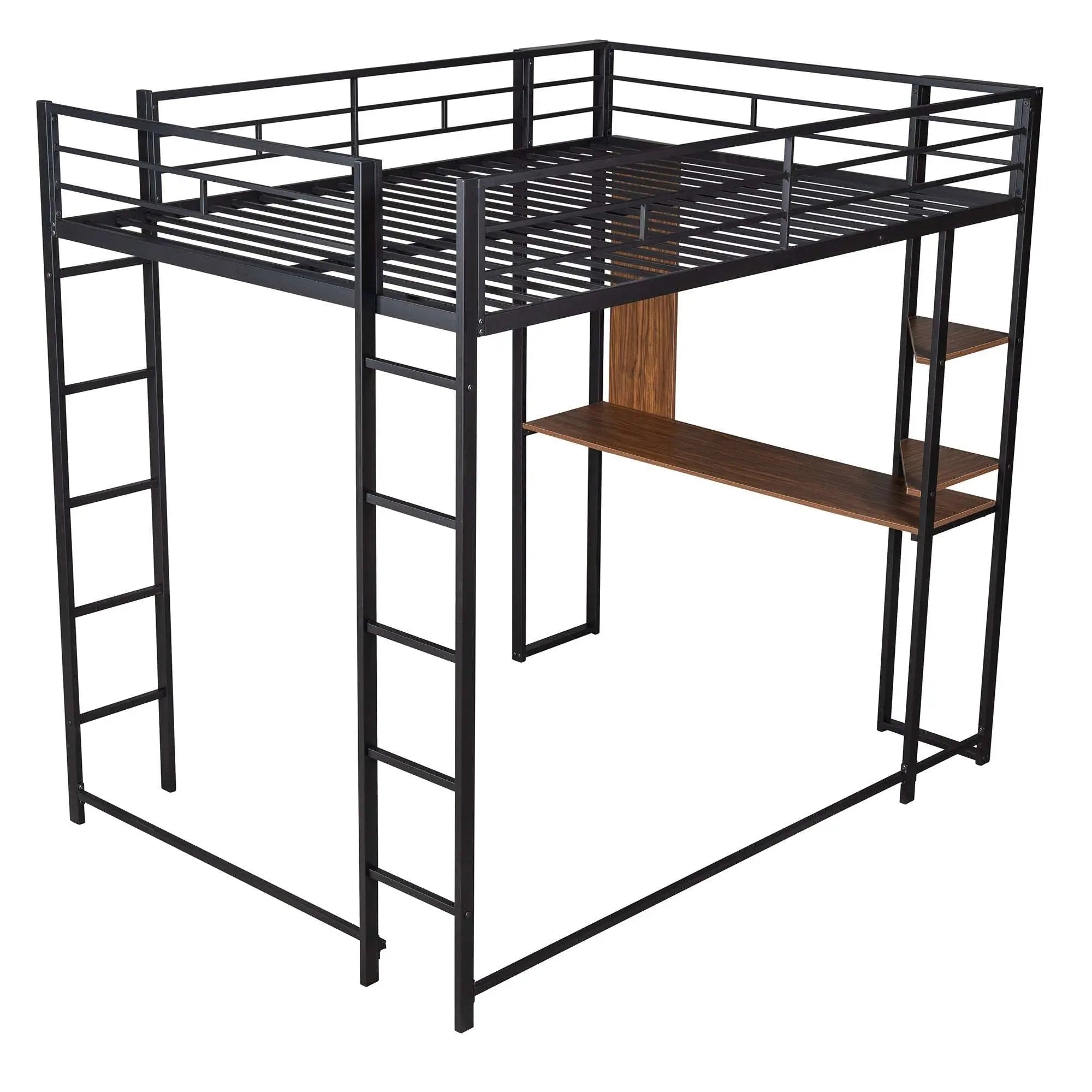 Bellemave® Full Size Metal Loft Bed with 2 Shelves and Desk