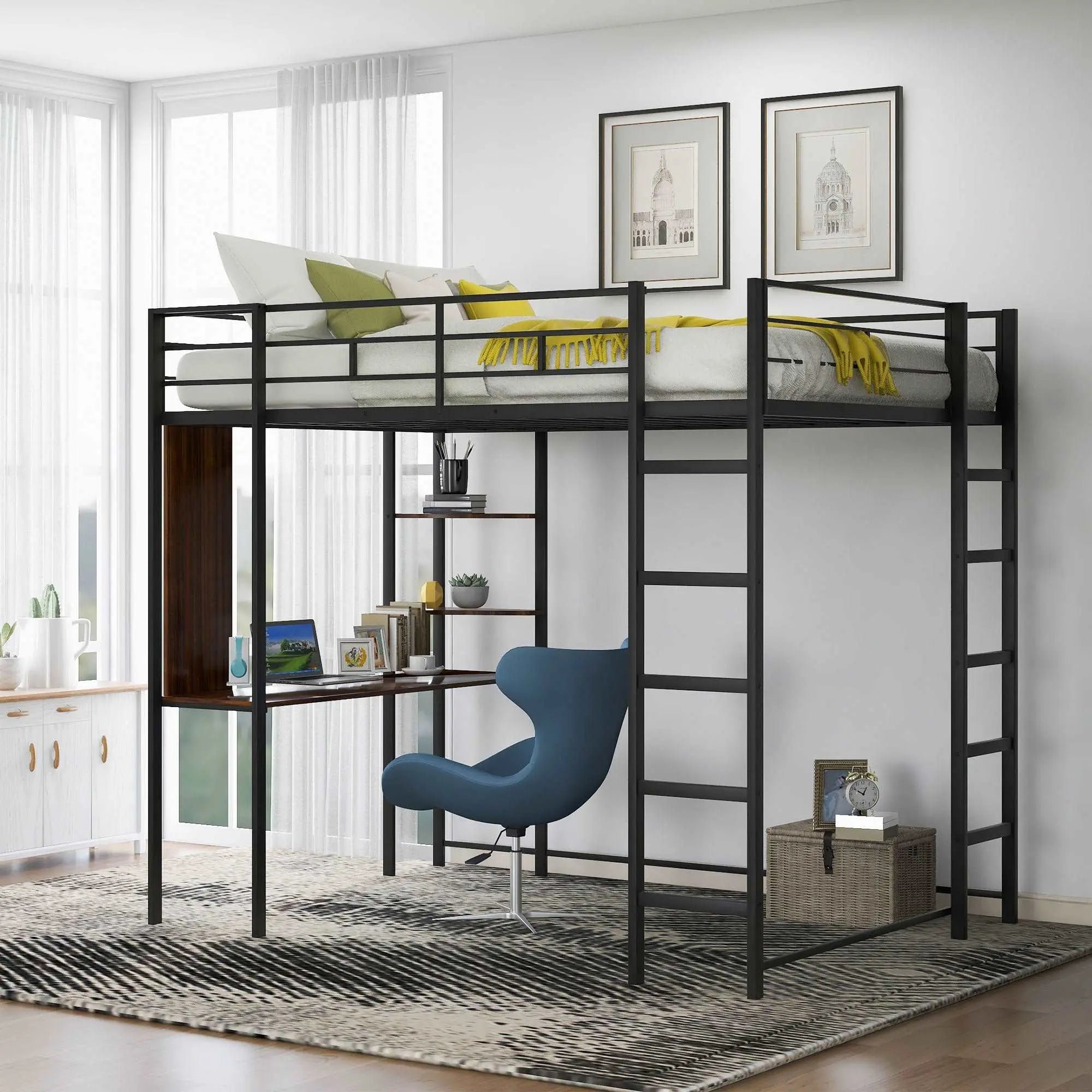 Bellemave® Full Size Metal Loft Bed with 2 Shelves and Desk