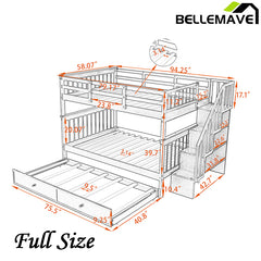 Bellemave® Full Size Bunk Bed with Trundle Bed, Storage and GuardRail