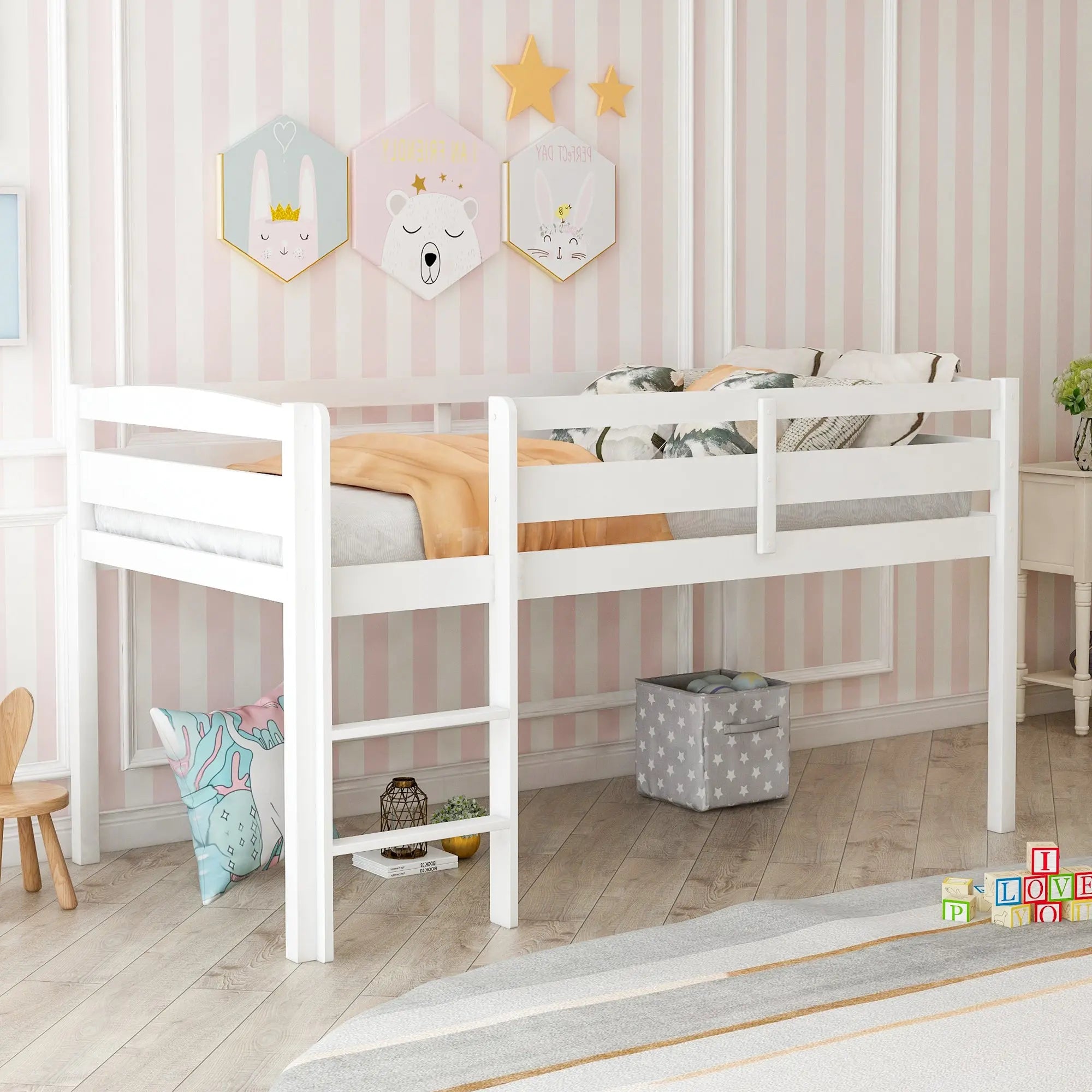 Bellemave® Twin Size Wood Low Loft Bed with Ladder Bellemave®