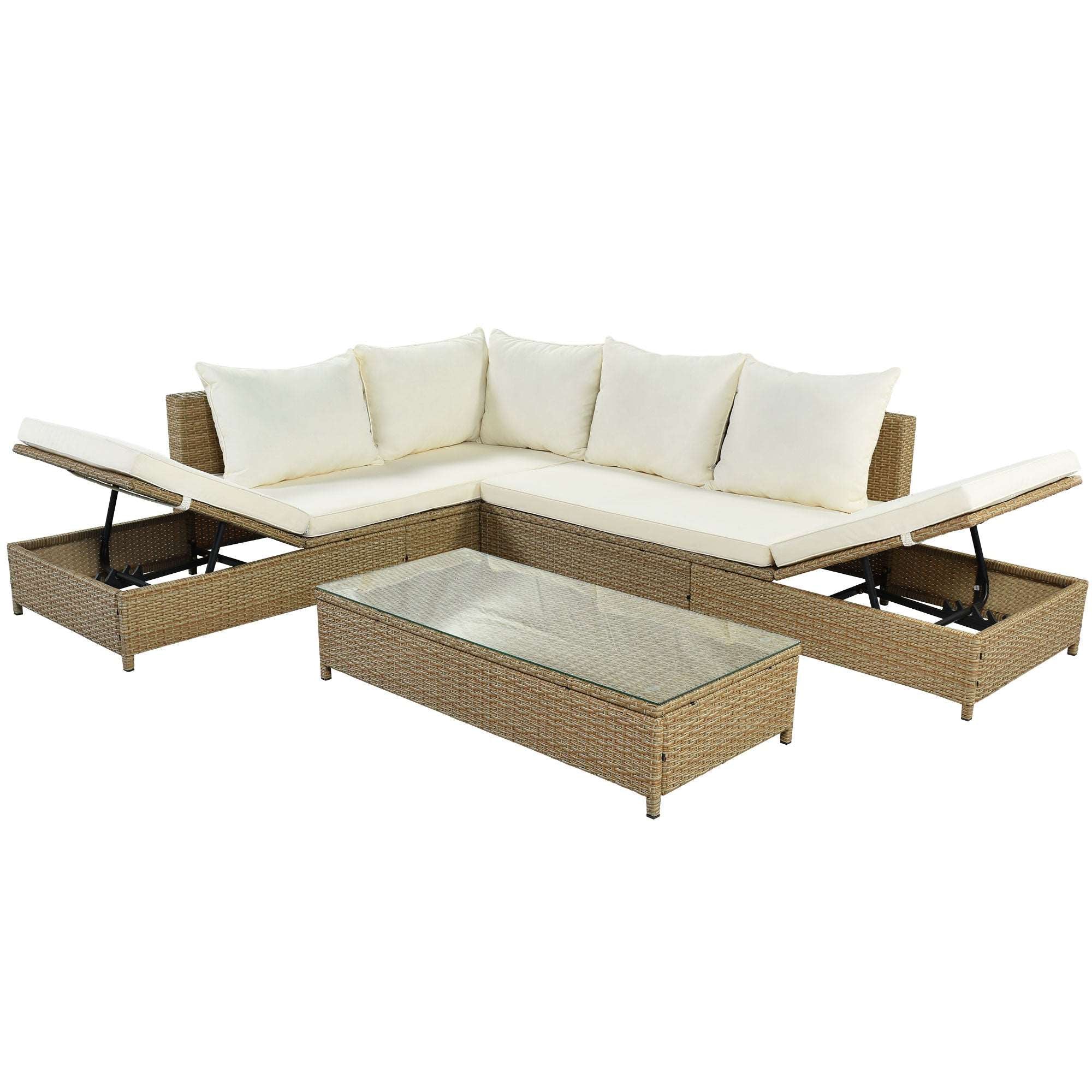 Bellemave 3-Piece Rattan Sofa Set All Weather PE Wicker Sectional Set with Adjustable Chaise Lounge Frame and Tempered Glass Table