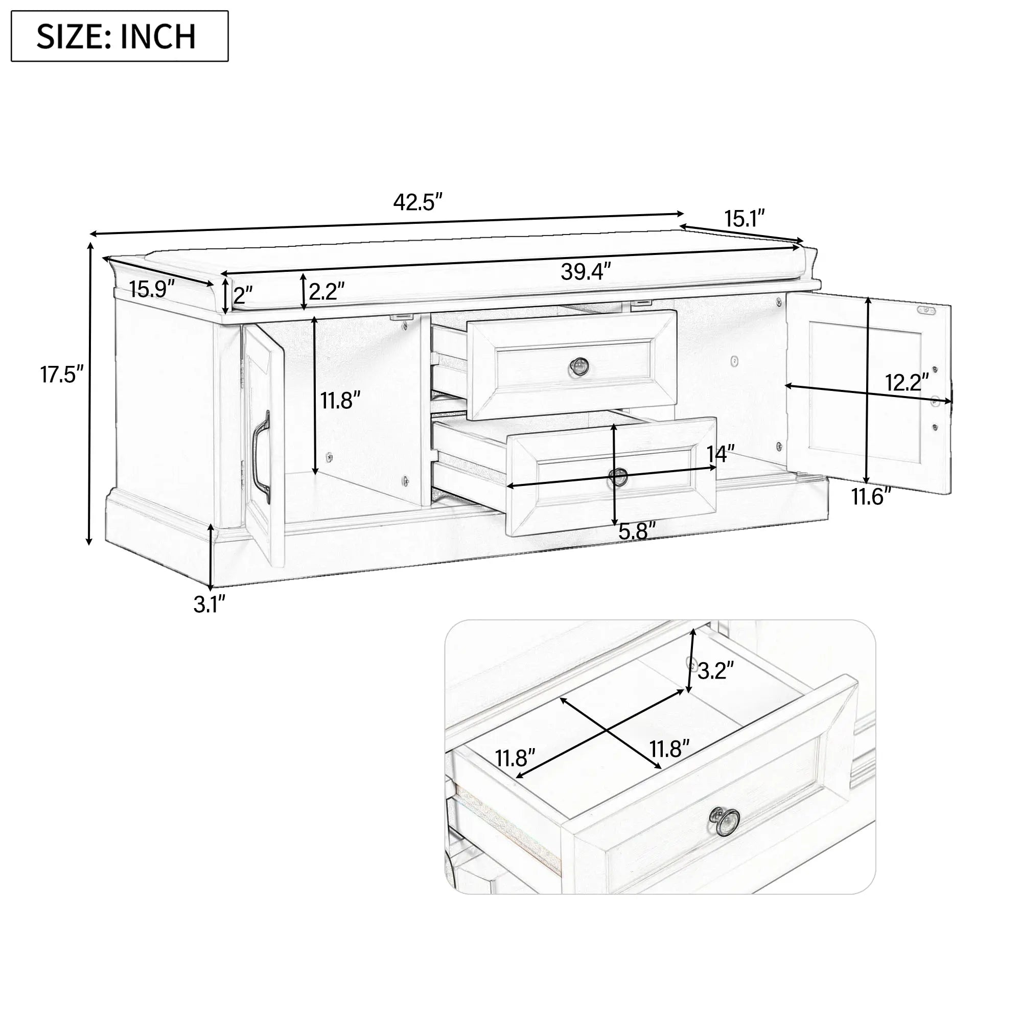 Bellemave® Storage Bench with 2 Drawers and 2 Cabinets Bellemave®