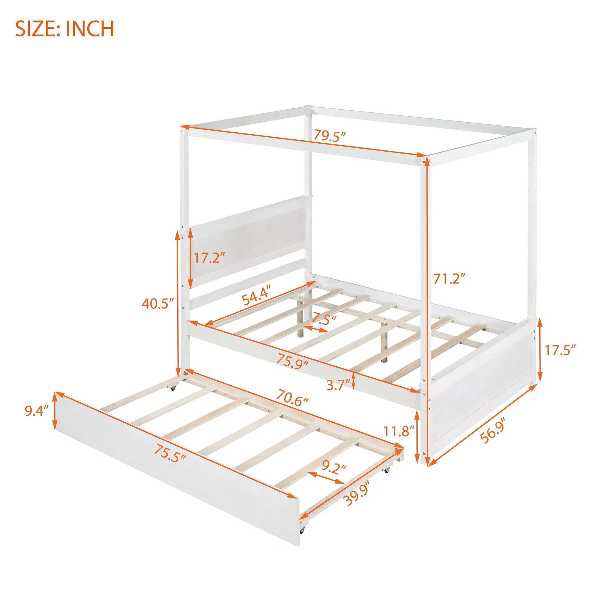 Bellemave® Full Size Wood Canopy Platform Bed with Trundle and Support Slats Bellemave®